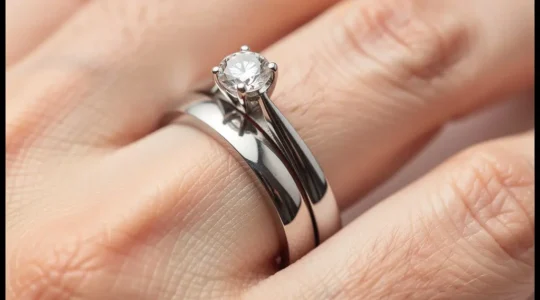 Main de femme portant une bague de fiançailles solitaire et une alliance coordonnée, gros plan sur l'harmonie des métaux