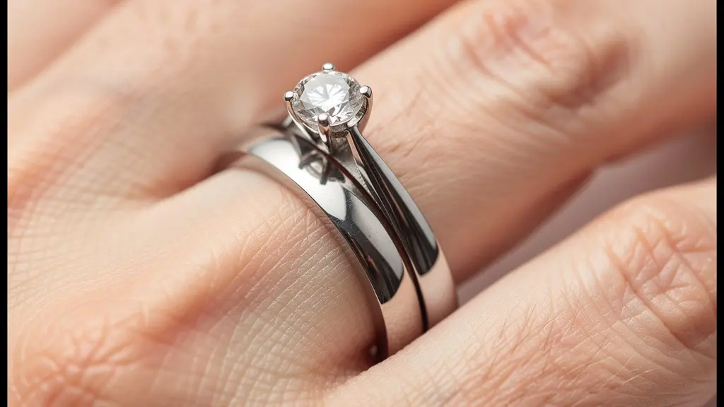 Main de femme portant une bague de fiançailles solitaire et une alliance coordonnée, gros plan sur l'harmonie des métaux