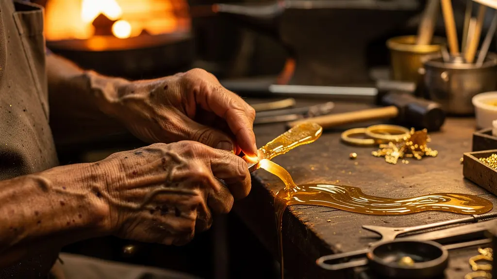 Mains d'artisan travaillant l'or fondu dans un atelier de joaillerie traditionnel