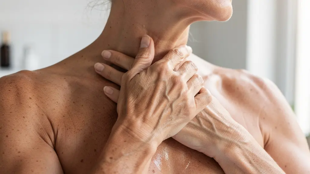 Mains élégantes appliquant délicatement un soin sur le cou et le décolleté