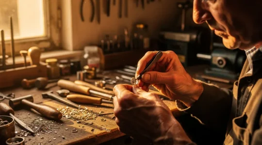 Artisan joaillier français travaillant un bijou en or dans son atelier traditionnel