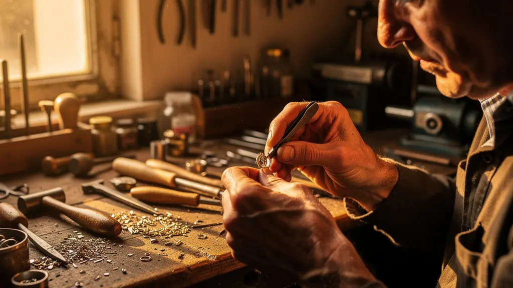 Artisan joaillier français travaillant un bijou en or dans son atelier traditionnel