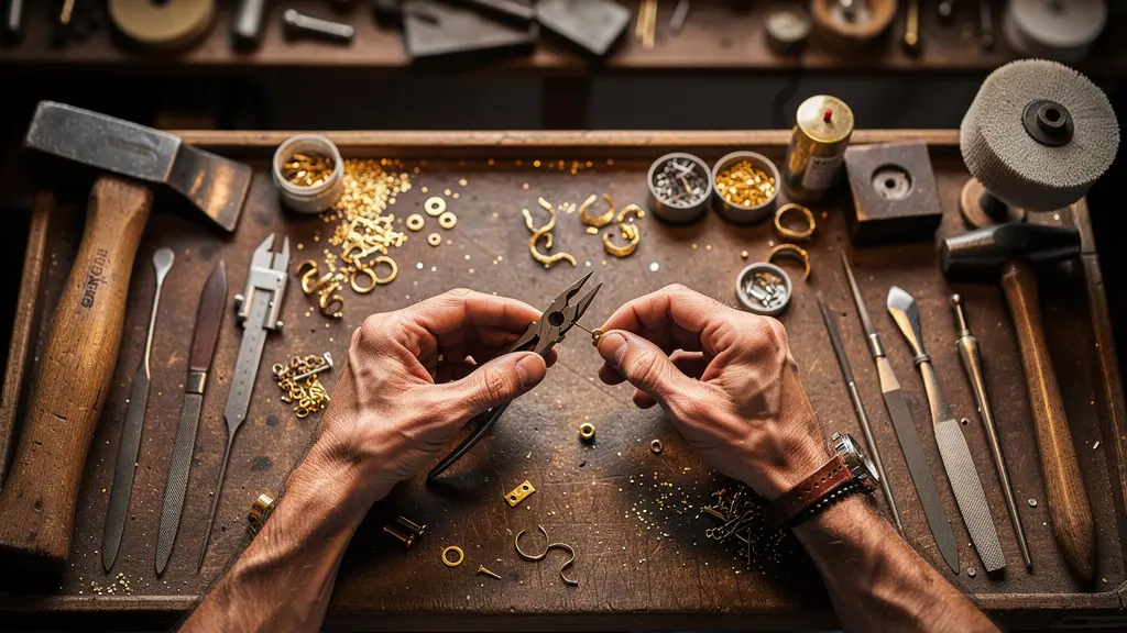 Artisan joaillier français travaillant minutieusement sur un bijou en or dans son atelier traditionnel