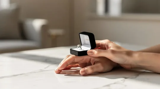 Mains entrecroisées tenant délicatement une bague de fiançailles avec réflexion sur le budget à investir