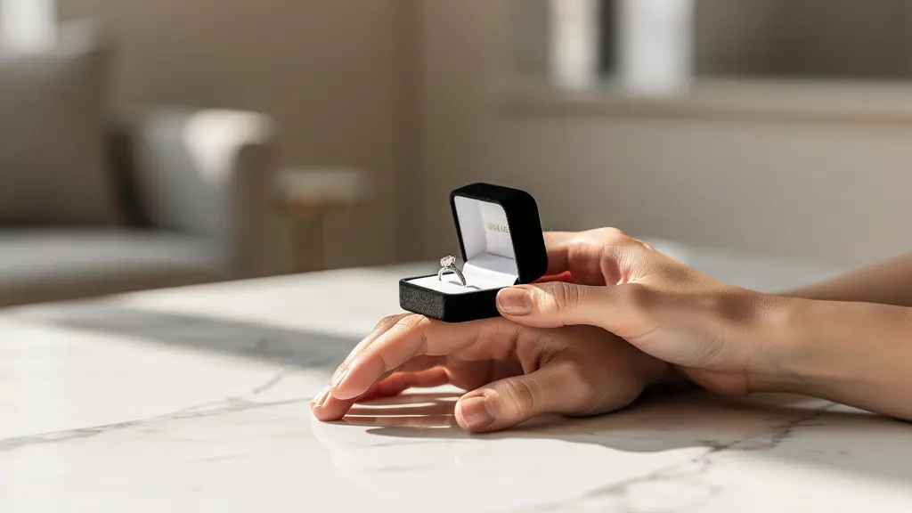 Mains entrecroisées tenant délicatement une bague de fiançailles avec réflexion sur le budget à investir