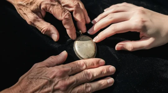 Mains de trois générations effleurant délicatement un médaillon ancien posé sur du velours noir