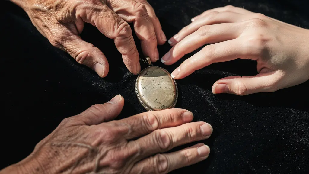 Mains de trois générations effleurant délicatement un médaillon ancien posé sur du velours noir
