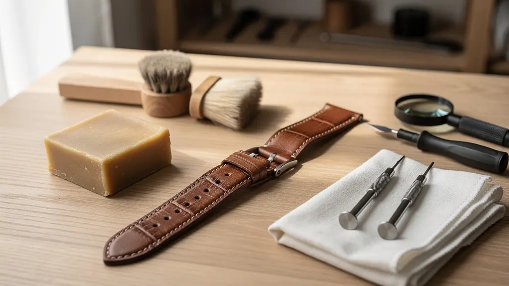 Bracelet de montre en cuir sur table de travail avec produits d'entretien naturels et outils professionnels dans une lumière douce d'atelier