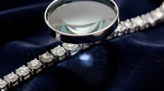 Gros plan sur les griffes d'un bracelet rivière en diamant examiné à la loupe de joaillier