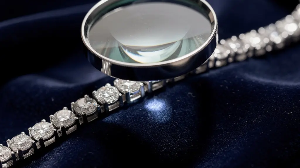 Gros plan sur les griffes d'un bracelet rivière en diamant examiné à la loupe de joaillier