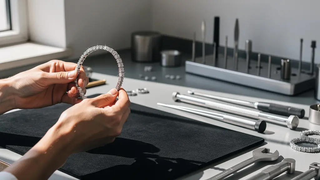 Inspection minutieuse d'un bracelet rivière de diamants avec une loupe de bijoutier