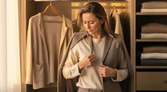 Un cadre en train de se changer dans un dressing moderne et épuré avec des vêtements détente de qualité