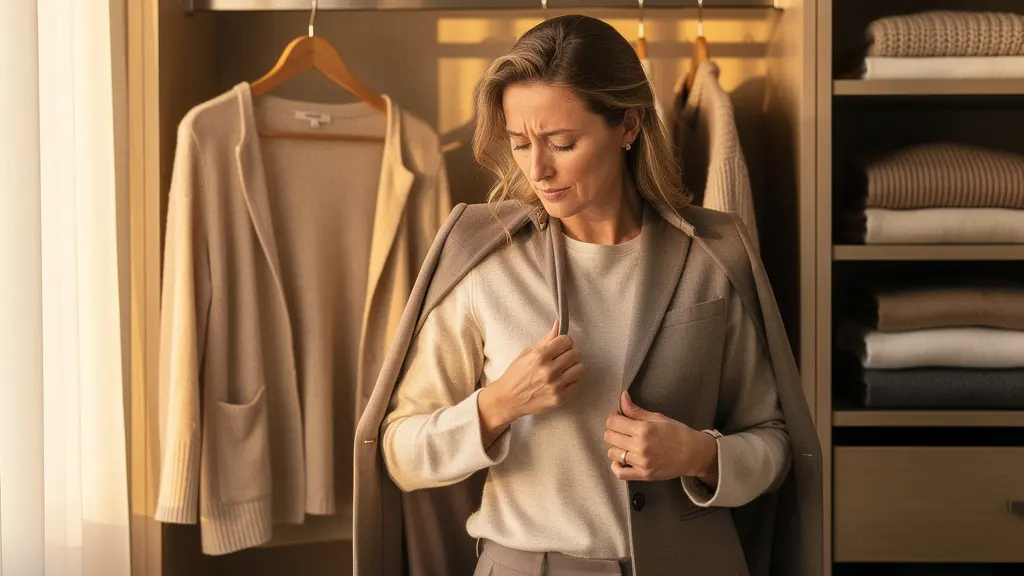 Un cadre en train de se changer dans un dressing moderne et épuré avec des vêtements détente de qualité