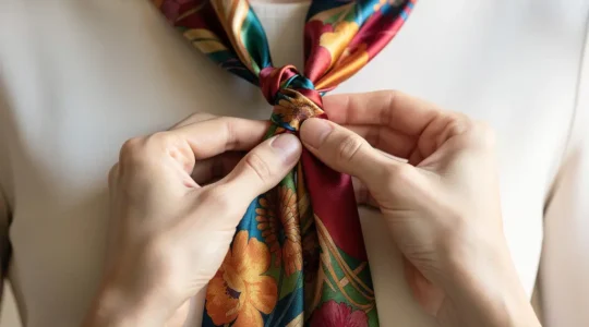 Mains expertes nouant un carré de soie coloré avec technique précise