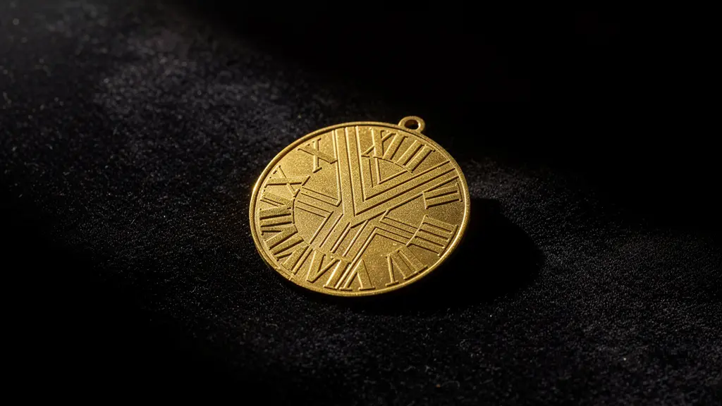 Médaillon en or avec date gravée en chiffres romains sous lumière rasante montrant la profondeur