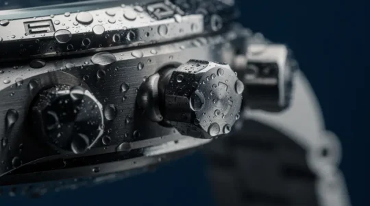 Gros plan sur un chronographe de plongée avec poussoirs vissés visibles et gouttes d'eau sur le boîtier