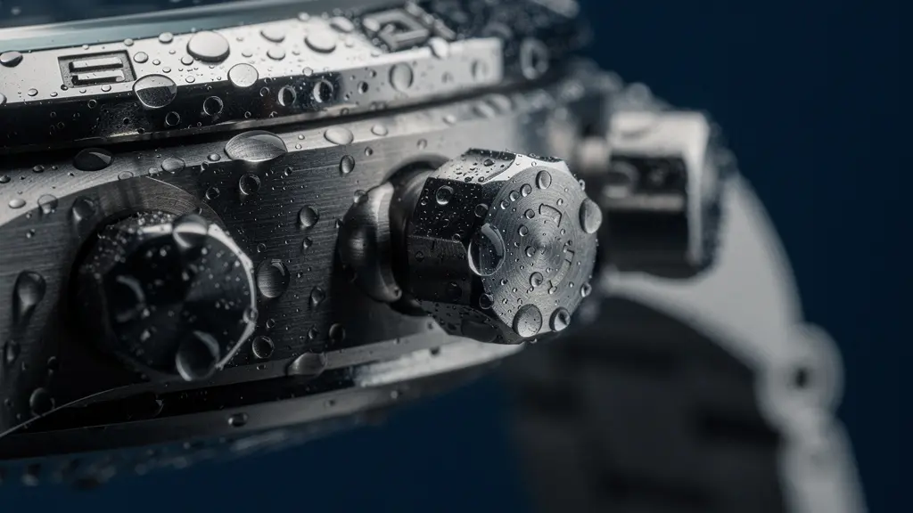 Gros plan sur un chronographe de plongée avec poussoirs vissés visibles et gouttes d'eau sur le boîtier