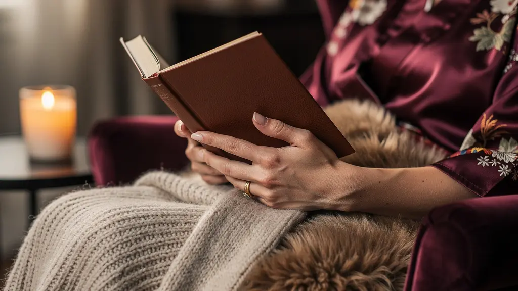 Espace de lecture intimiste avec superposition de textures douces et éclairage chaleureux