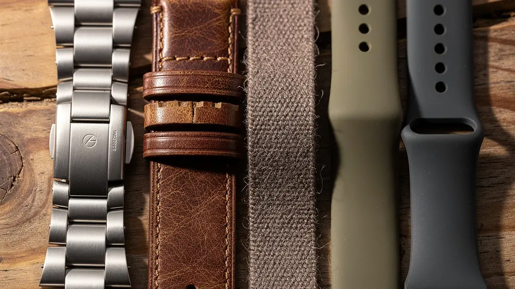 Plusieurs bracelets de montre de différentes matières alignés sur une surface en bois