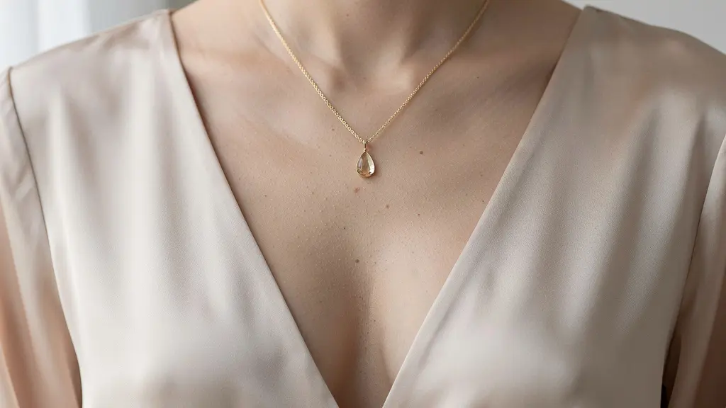 Vue rapprochée d'un décolleté en V profond avec un collier doré de longueur princesse parfaitement positionné sur les clavicules, dans un intérieur lumineux et épuré