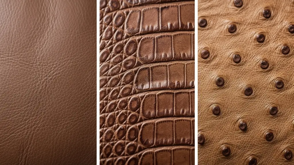 Vue macro détaillée de trois échantillons de cuir montrant les différentes textures du veau, alligator et autruche