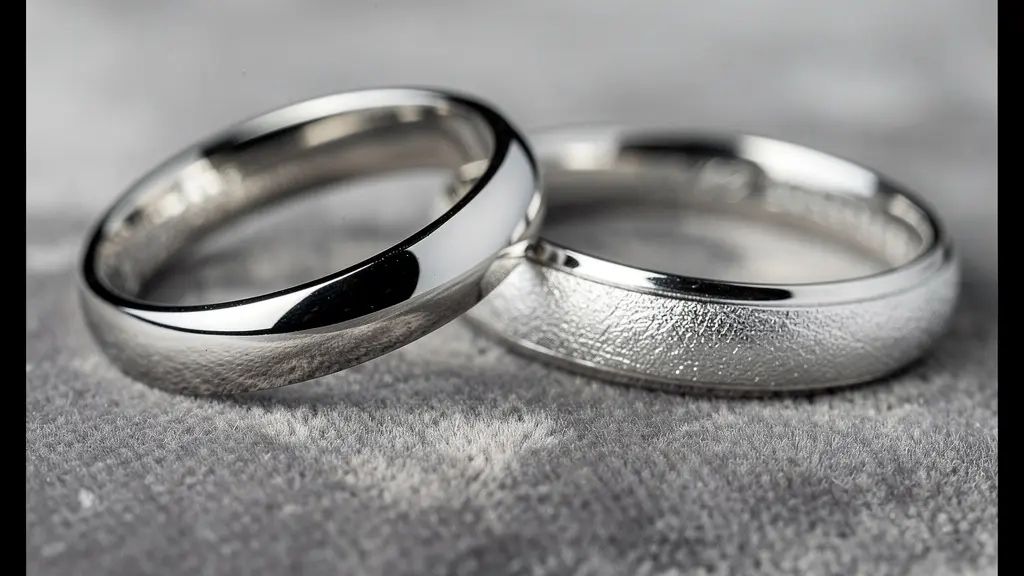 Deux anneaux de bague côte à côte, l'un en or blanc et l'autre en platine, montrant leurs différentes textures