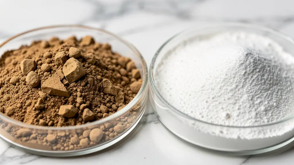 Composition photographique montrant deux poudres absorbantes en texture macro détaillée