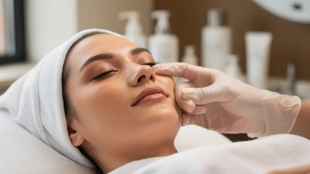 Femme recevant un soin du visage professionnel dans un institut de beauté moderne