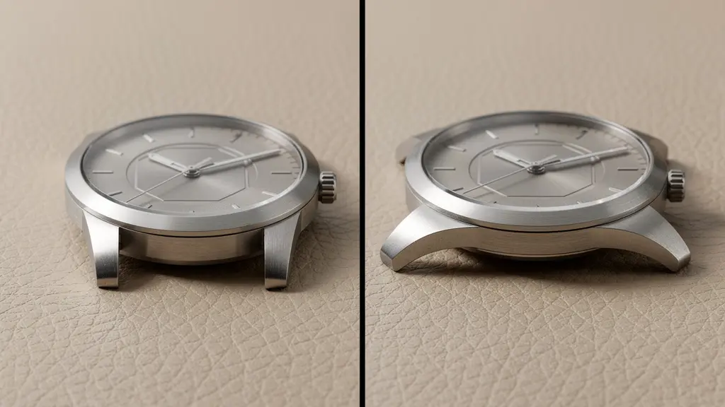 Comparaison schématique de deux montres montrant l'impact des cornes sur la perception de taille