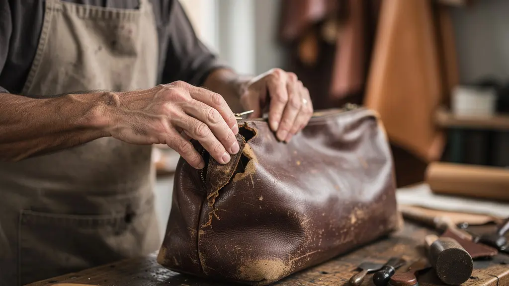 Artisan maroquinier examinant les points d'usure d'un sac en cuir dans son atelier
