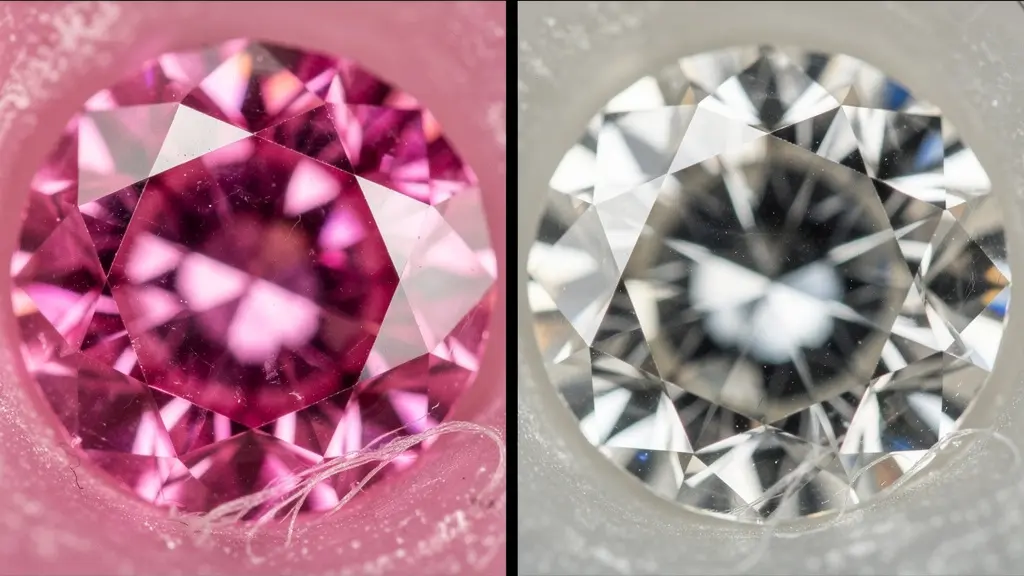 Comparaison visuelle entre un diamant rose intense d'Argyle et un diamant blanc D-Flawless