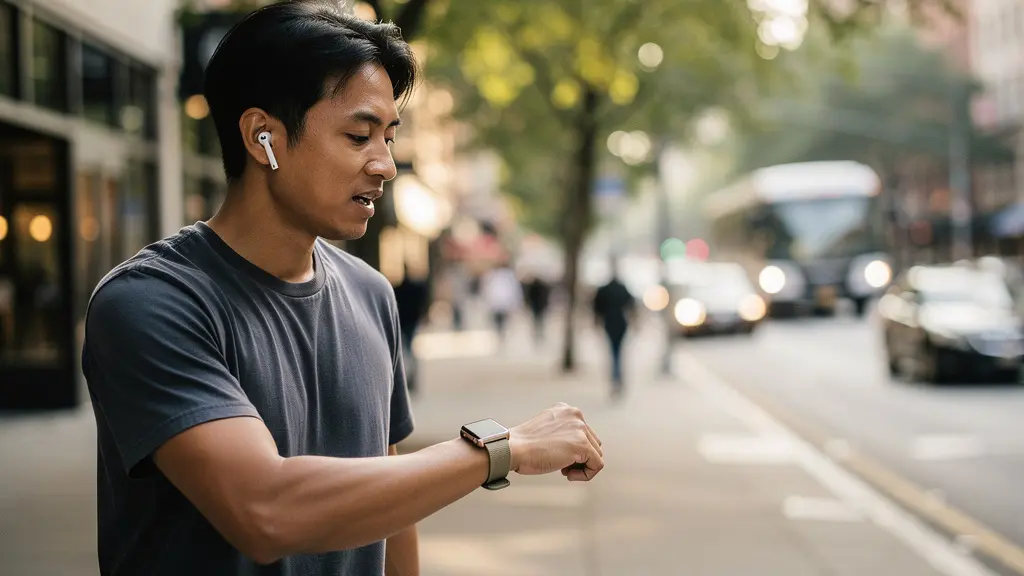 Personne marchant dans la rue avec écouteurs, parlant à sa montre connectée pour dicter un message