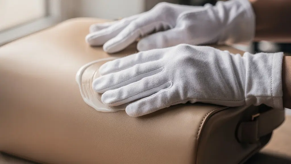 Mains expertes appliquant délicatement une crème nourrissante sur un sac en cuir avec des gestes circulaires professionnels