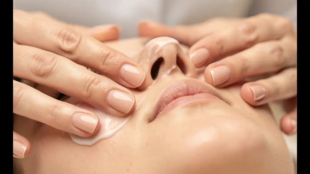 Mains expertes d'une esthéticienne appliquant un soin sur le visage d'une cliente