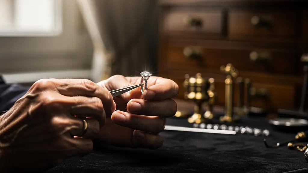 Expert gemmologue examinant un solitaire diamant avec une loupe professionnelle dans un atelier de joaillerie parisien