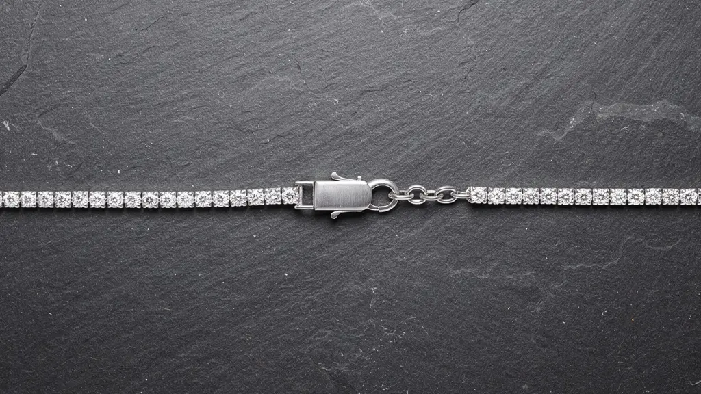 Détail d'un fermoir cliquet avec chaîne de sécurité sur bracelet en or blanc