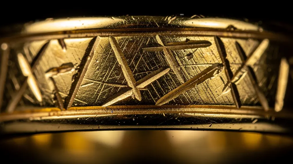 Détail macro d'une gravure à l'intérieur d'une alliance en or, texture visible