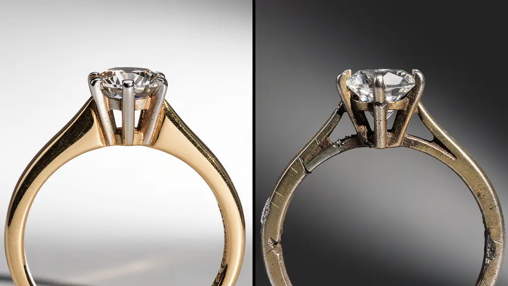 Comparaison entre des griffes neuves et usées sur une bague en or avec diamant