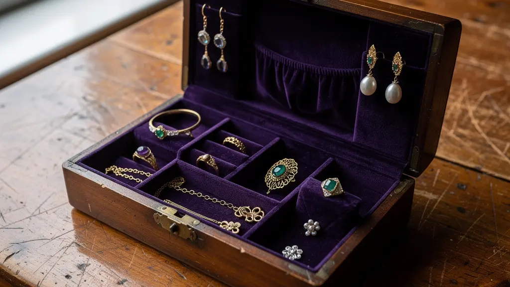 Collection de bijoux patrimoniaux dans un écrin, éclairés par une lumière douce