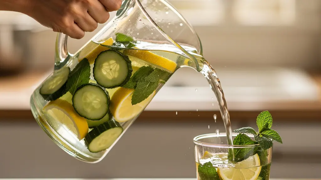 Verre d'eau infusée avec tranches de citron et concombre, feuilles de menthe fraîche