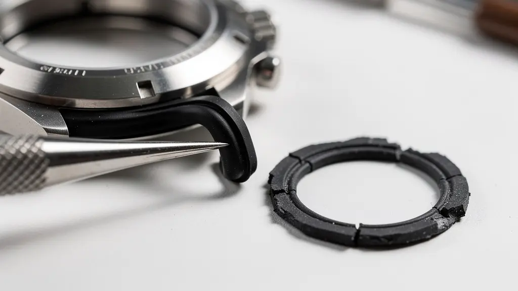 Vue macro d'un joint de montre en cours d'inspection avec outil d'horloger