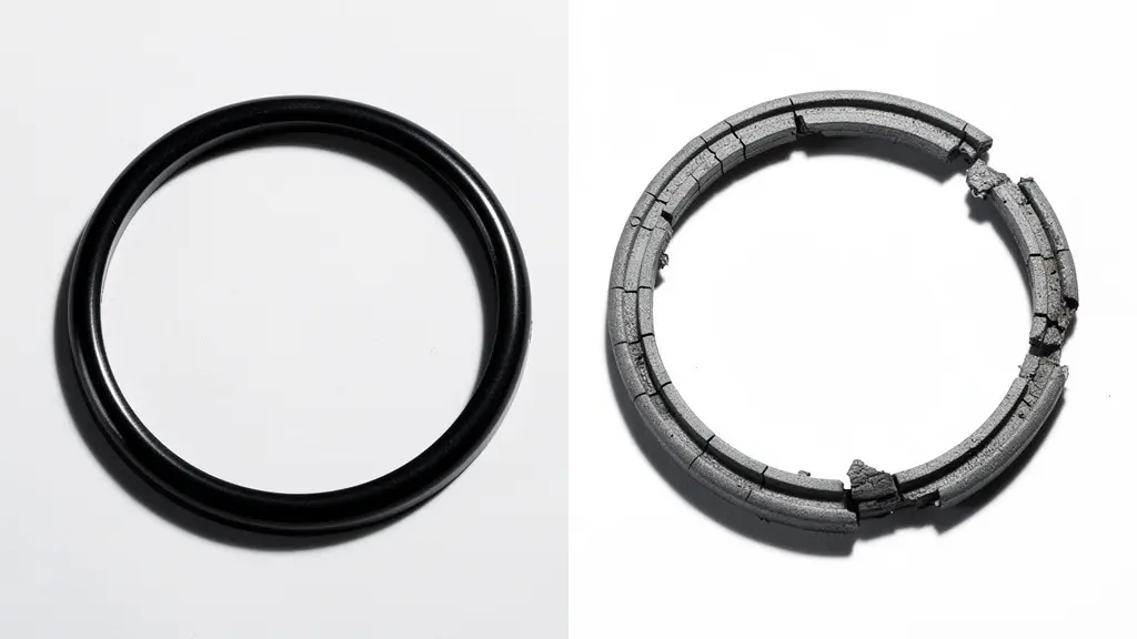 Comparaison macro entre joint neuf brillant et joint usé craquelé