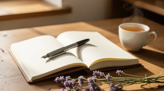 Carnet de journaling ouvert sur une table en bois naturel avec stylo plume posé délicatement, éclairé par une douce lumière matinale