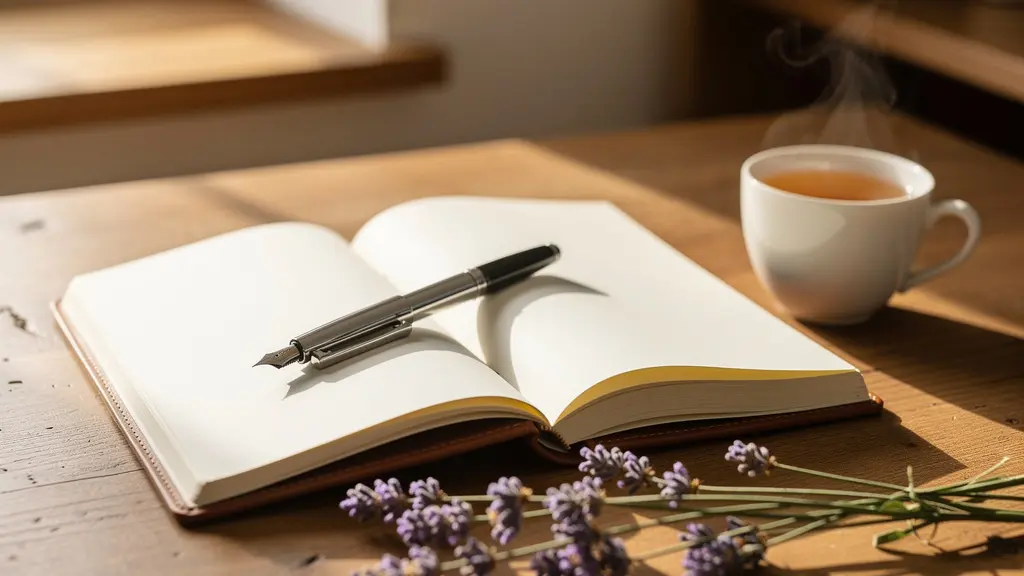 Carnet de journaling ouvert sur une table en bois naturel avec stylo plume posé délicatement, éclairé par une douce lumière matinale