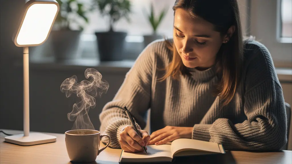 Personne écrivant dans son journal près d'une lampe de luminothérapie pendant le petit-déjeuner matinal