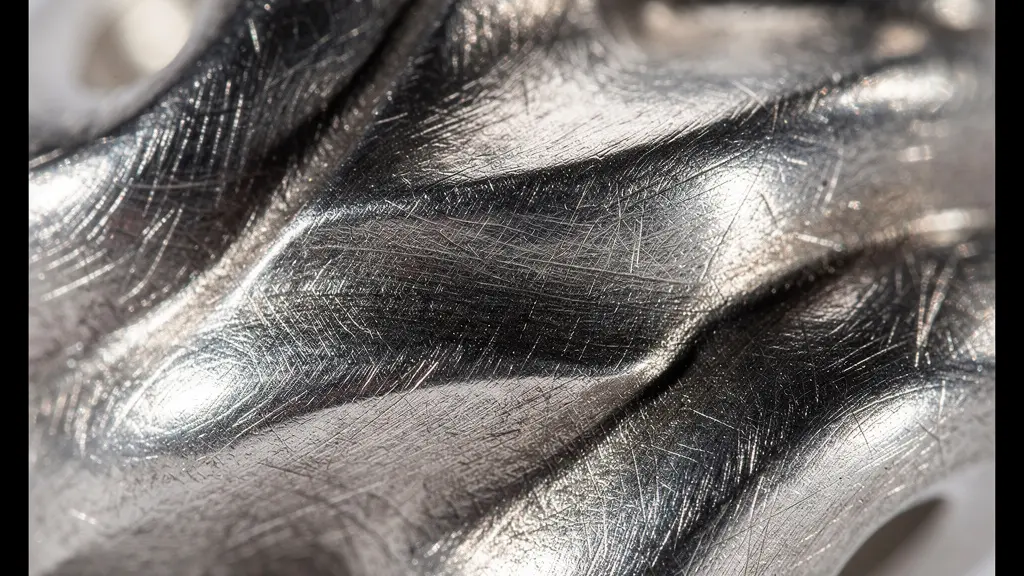 Détail macro d'une surface métallique polie à la main montrant les reflets profonds