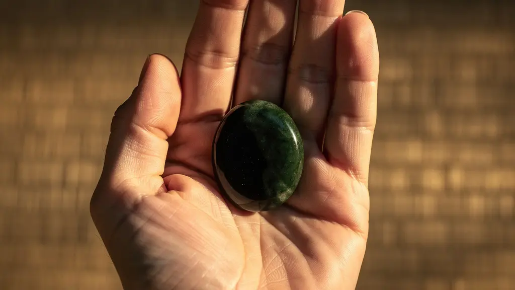 Main ouverte tenant délicatement une pierre de méditation polie avec lumière douce
