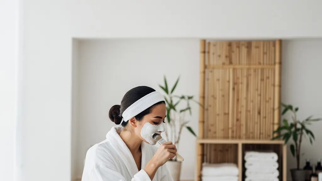 Vue large d'une femme dans un spa appliquant un masque blanc crémeux sur son visage avec un pinceau