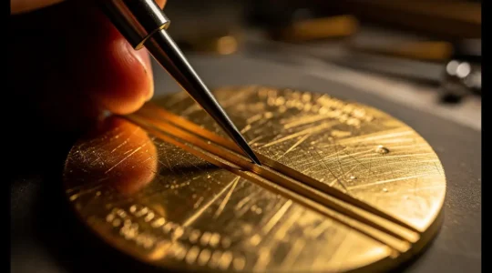 Vue macro d'un médaillon doré de 15mm avec gravure en cours, montrant la profondeur et la netteté des caractères