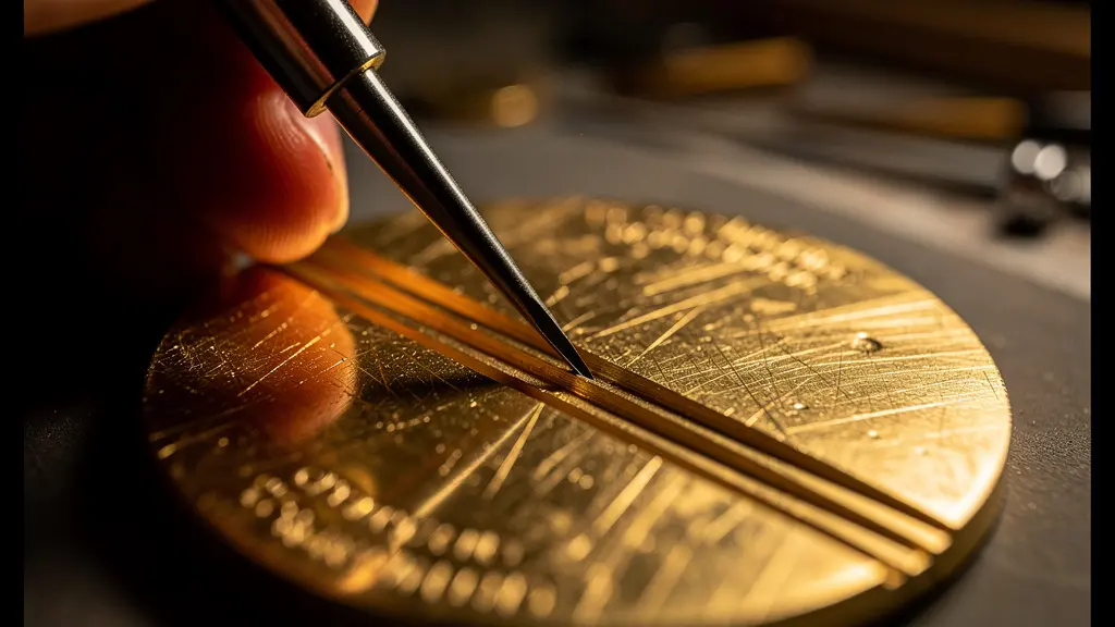 Vue macro d'un médaillon doré de 15mm avec gravure en cours, montrant la profondeur et la netteté des caractères